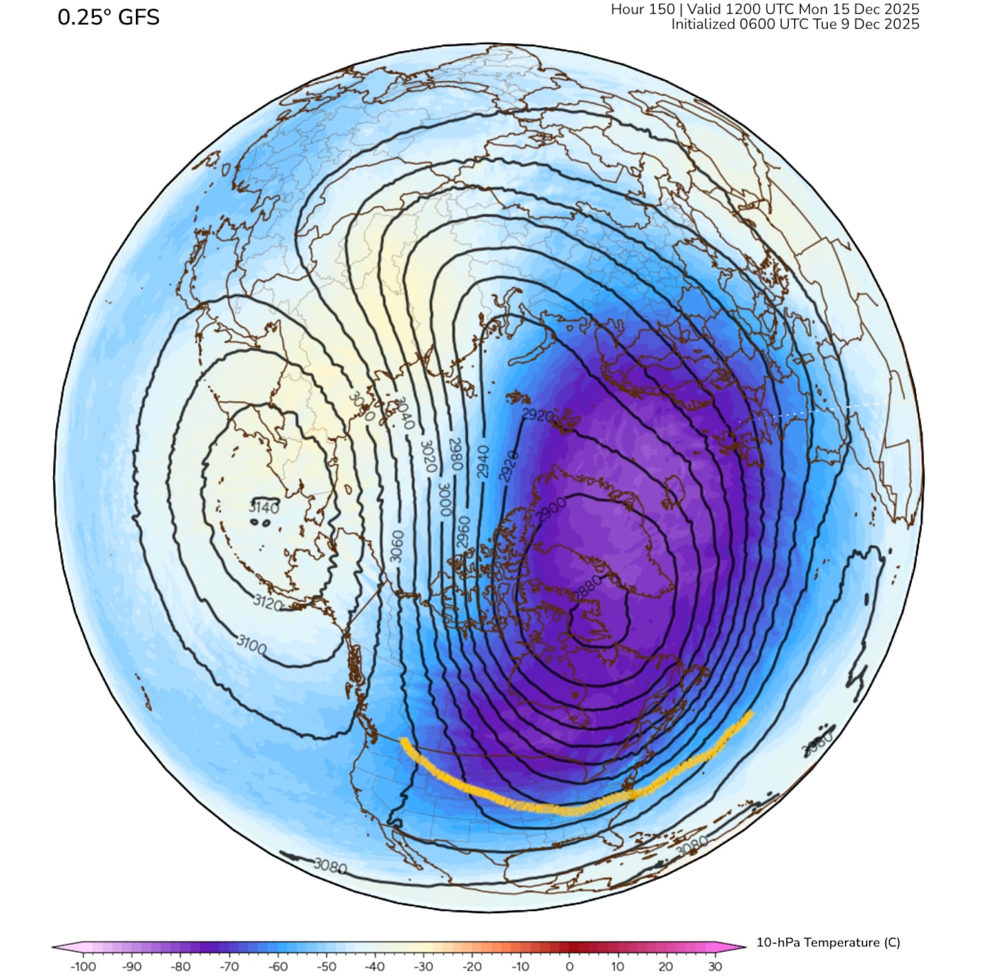 The GFS model shows the polar vortex slipping into the northern US by Monday morning.