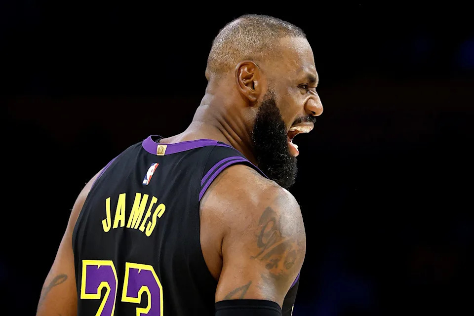 LeBron James reacts during the Lakers' game against the Jazz.