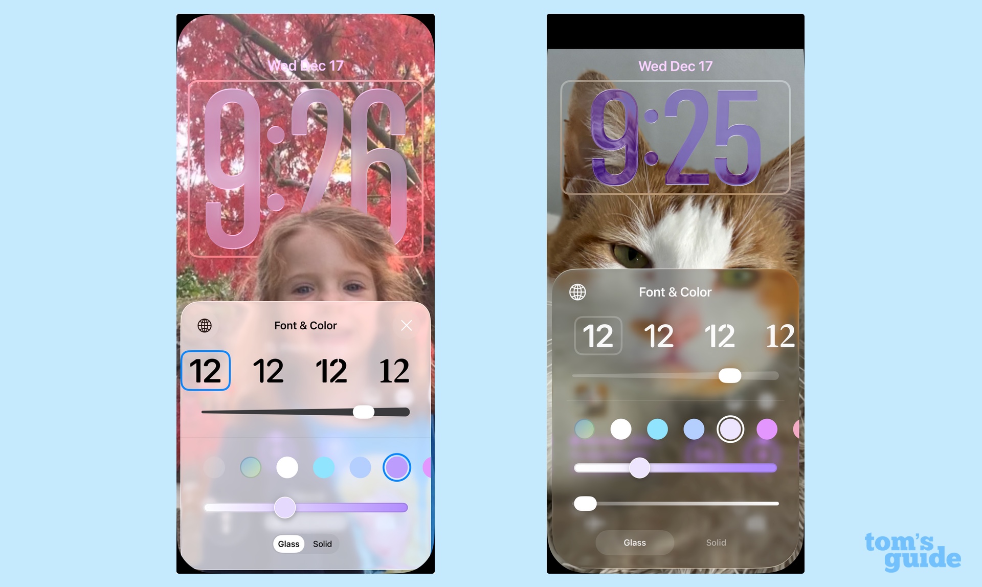 iOS 26 and iOS 26.2 clock customization controls side by side