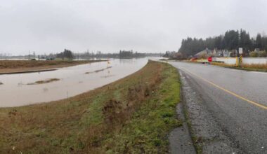 Flood waters forced the closure of several Fraser Valley roads, including Highway 1 between Sumas Way and Number 3 Road, last week – and now residents are being warned to brace for more as another storm system moves in. (Abbotsford Police Department)