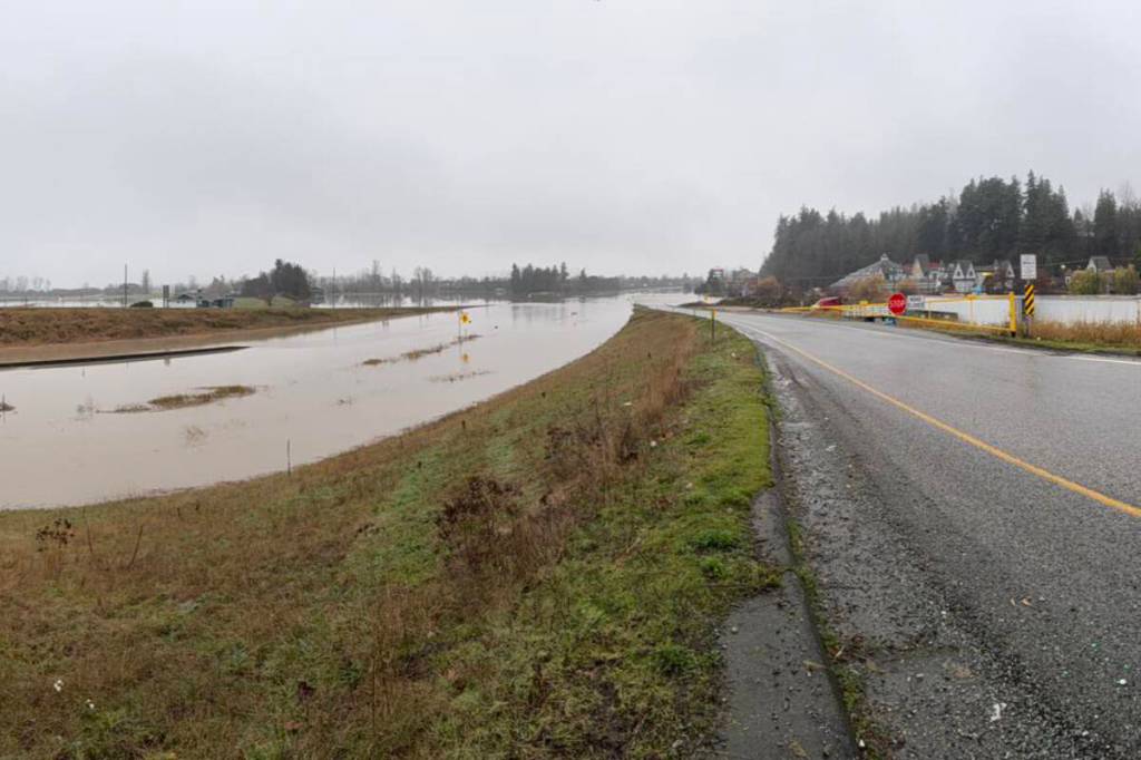 Flood waters forced the closure of several Fraser Valley roads, including Highway 1 between Sumas Way and Number 3 Road, last week – and now residents are being warned to brace for more as another storm system moves in. (Abbotsford Police Department)