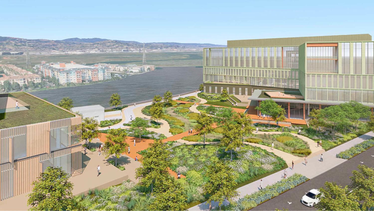 505 Penobscot Drive aerial overview of the courtyard between both buildings, rendering by WRNS Studio