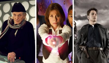 Split image showing three Doctor Who spin-offs: An Adventure in Space and Time, The Sarah Jane Adventures, and Torchwood