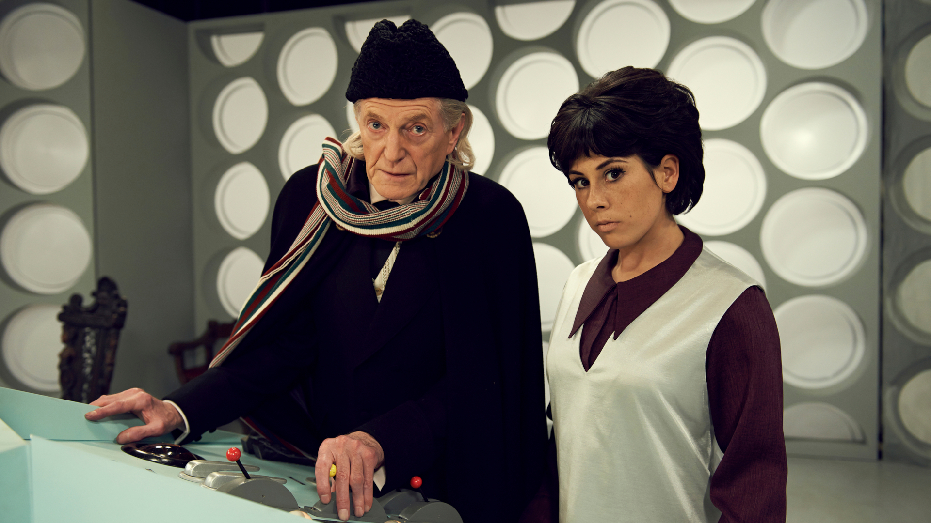 DAVID BRADLEY as William Hartnell, who played the First Doctor, and CLAUDIA GRANT as Susan Foreman in the Doctor Who spin-off "An Adventure in Space and Time".
