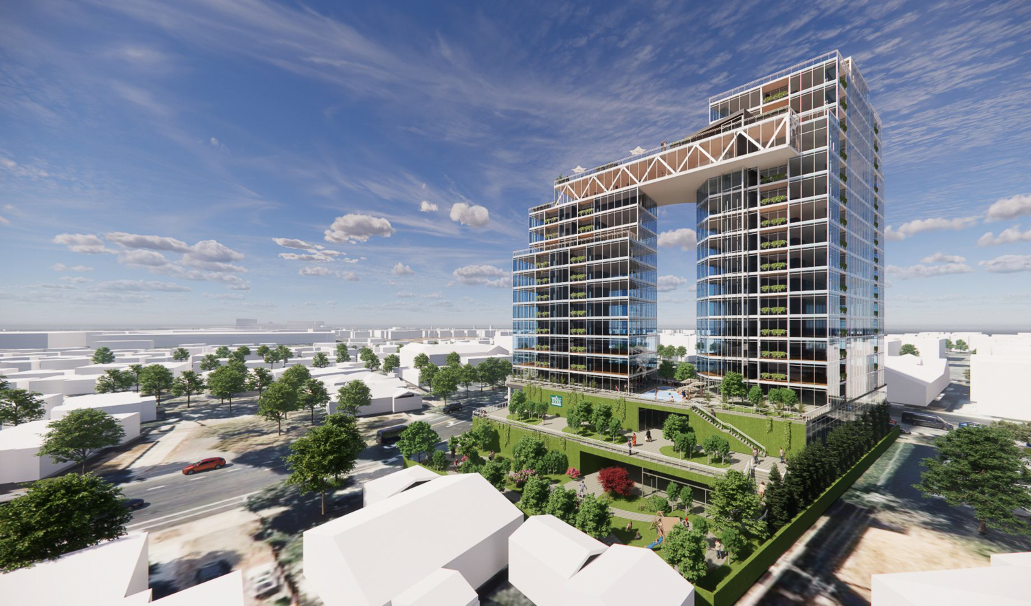 826 North Winchester Boulevard aerial view highlighting the potential skybridge connecting the two residential towers, rendering via VCI Companies