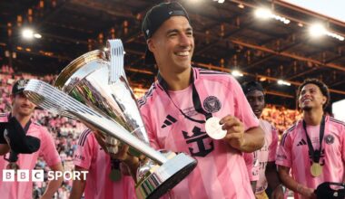 Luis Suarez of Inter Miami poses with the trophy after winning the Championship following the Audi 2025 MLS Cup Final
