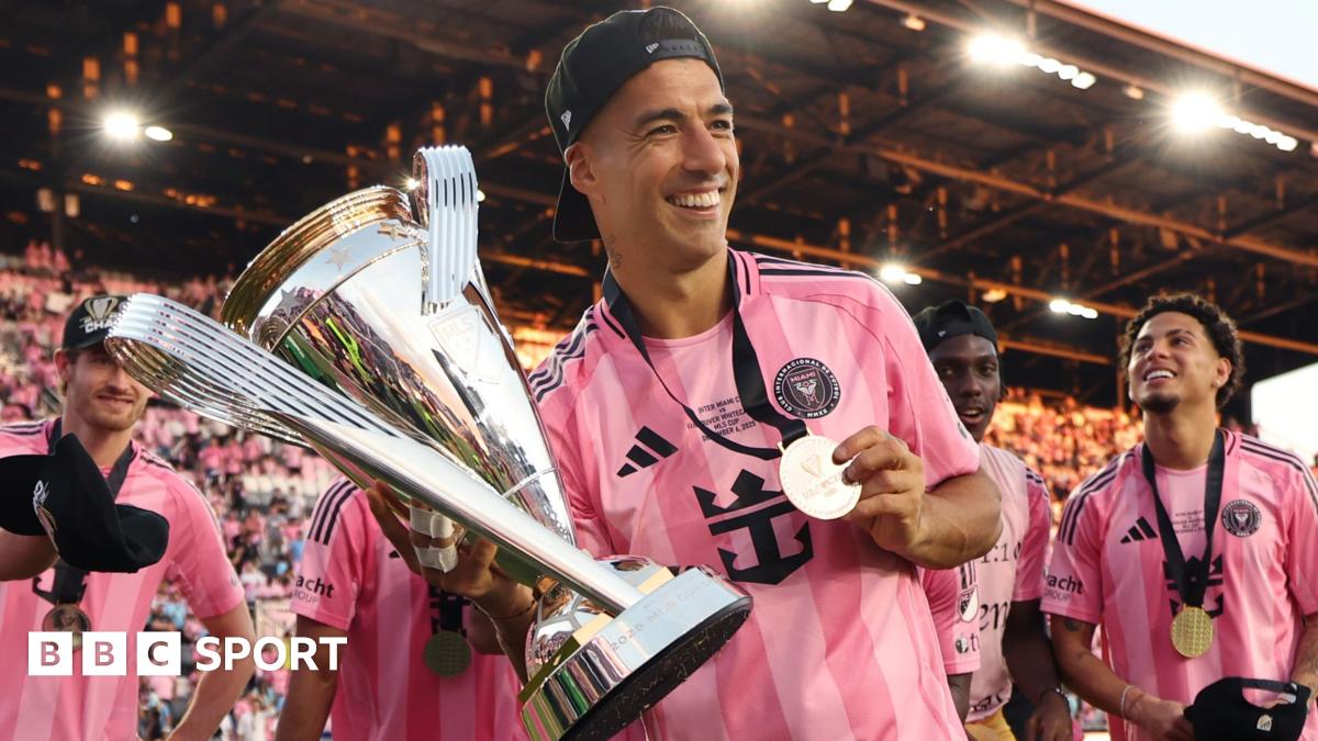 Luis Suarez of Inter Miami poses with the trophy after winning the Championship following the Audi 2025 MLS Cup Final