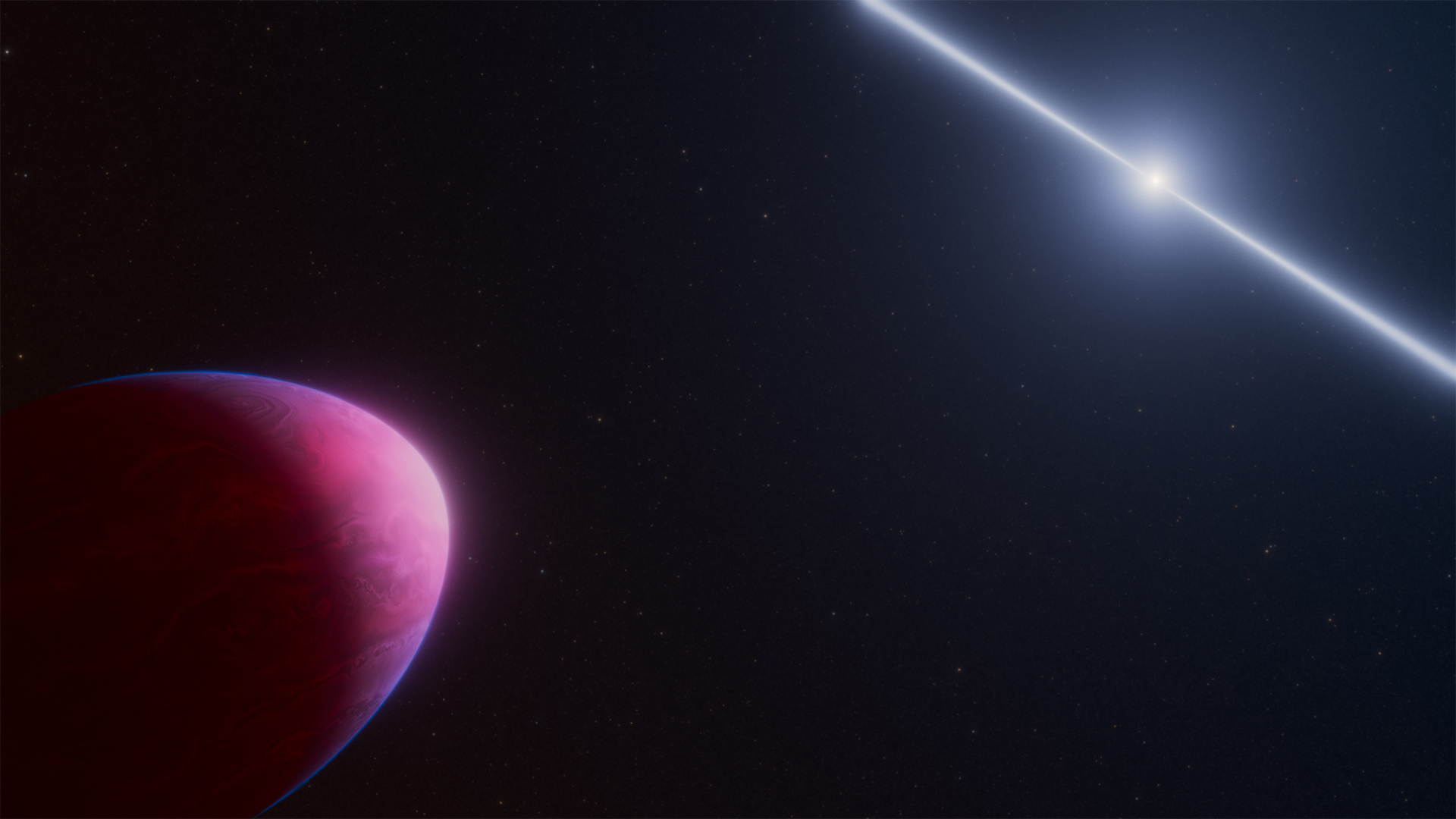 a pink and purple, oblong planet near a point of light in the distance that is emitting two beams of light in opposite directions
