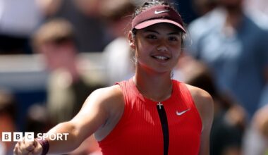 Emma Raducanu celebrates her first-round victory at the US Open in September
