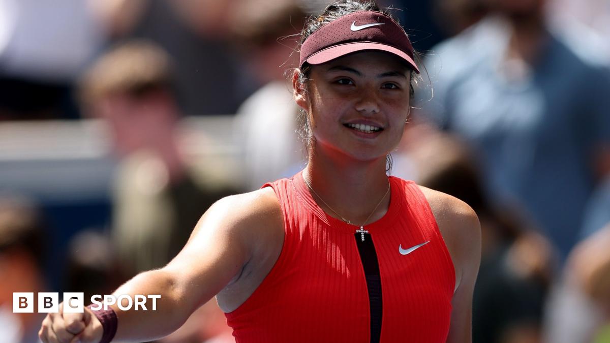 Emma Raducanu celebrates her first-round victory at the US Open in September