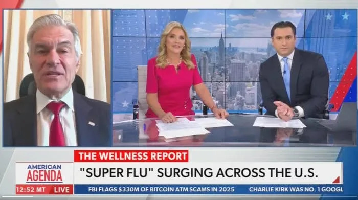 A TV segment titled "The Wellness Report" features three news anchors discussing the surge of "super flu" cases in the U.S