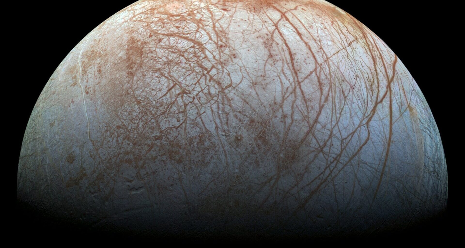 Ice-covered Europa, as imaged by the Galileo space probe.