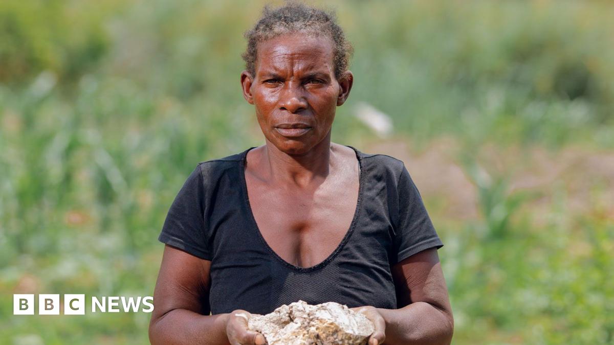 A photo portrait of Mary, a Zambian farmer. She stands in the centre of the frame looking pensive and holding up a large lump of white contaminated crop soil, with both hands. There is greenery behind her and she wear a black top and patterned skirt.