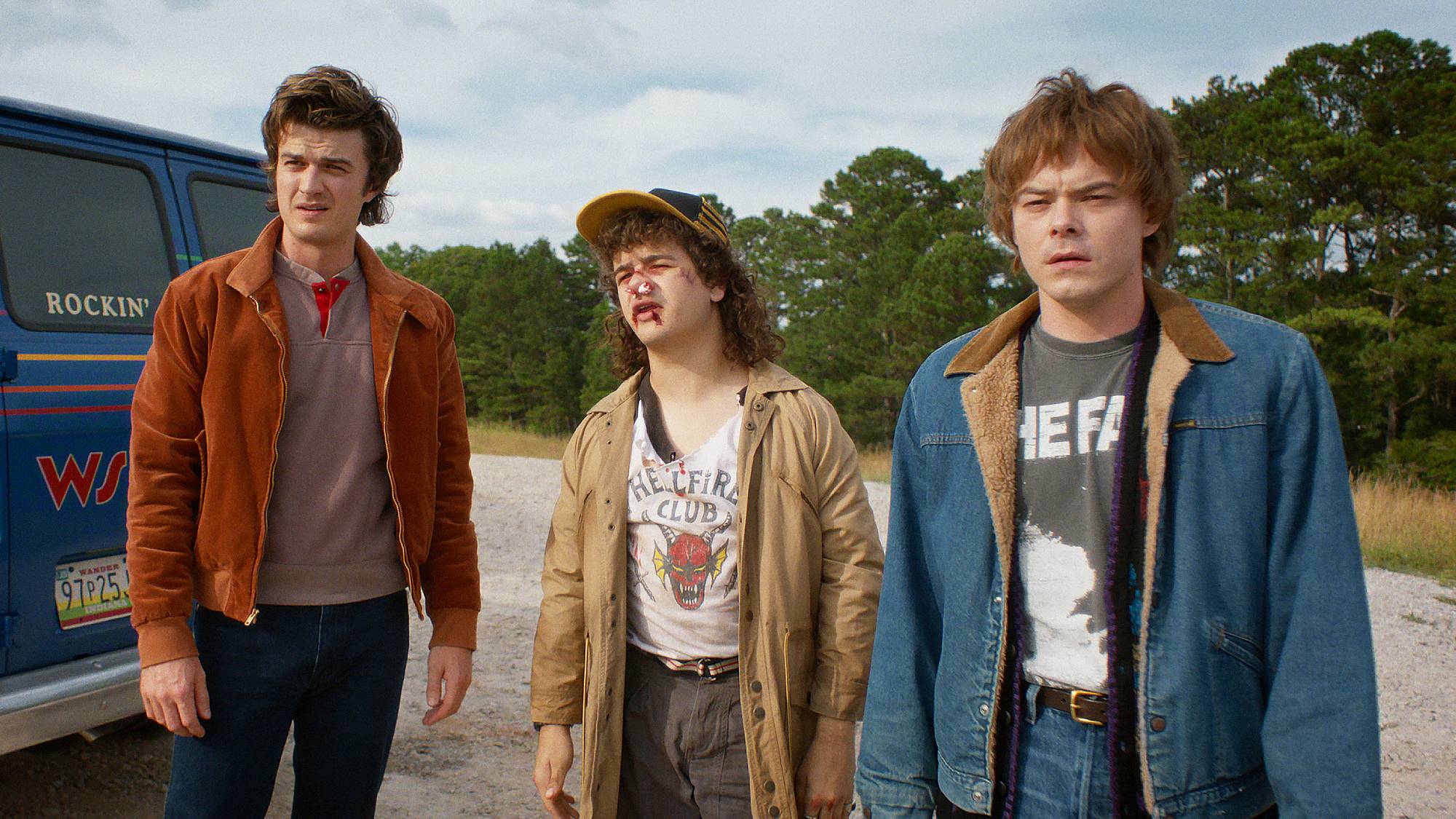 Joe Keery as Steve Harrington, Gaten Matarazzo as Dustin Henderson, and Charlie Heaton as Jonathan Byers in "Stranger Things" season 5