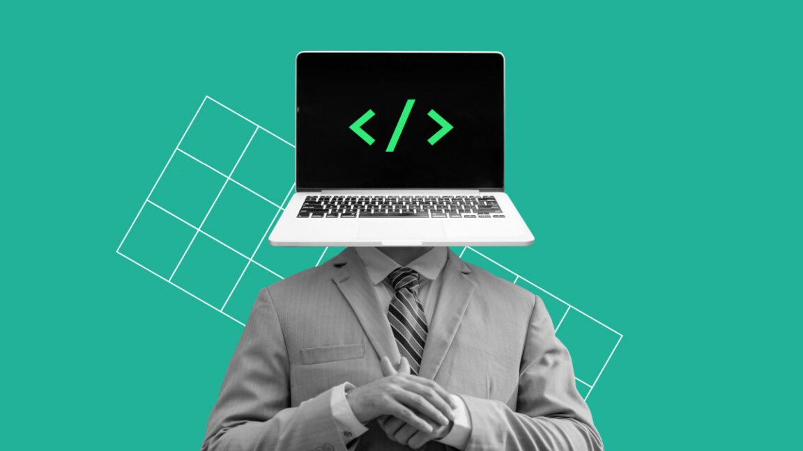 An illustration person with a laptop for a head. On the screen is a representation of programming code, angle brackets and a slash.