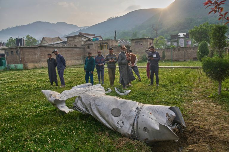 Debris of an aircraft lie in the compound of a mosque at Pampore in Pulwama district of Indian controlled Kashmir, Wednesday, May 7, 2025. (AP Photo/Dar Yasin)