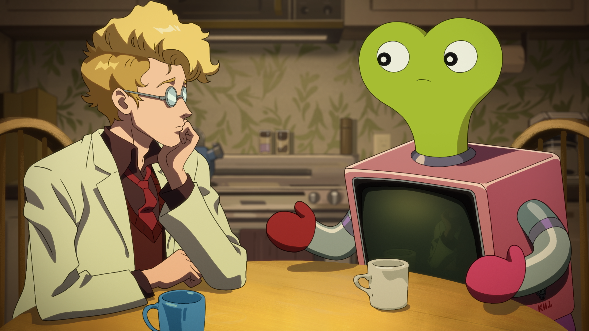 The Elephant still of a man with glasses drinking coffee with a TV-shaped creature.