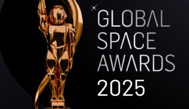 A golden astronaut trophy in front of a dark background with the words "Global Space Awards 2025" next to it on the right side in white