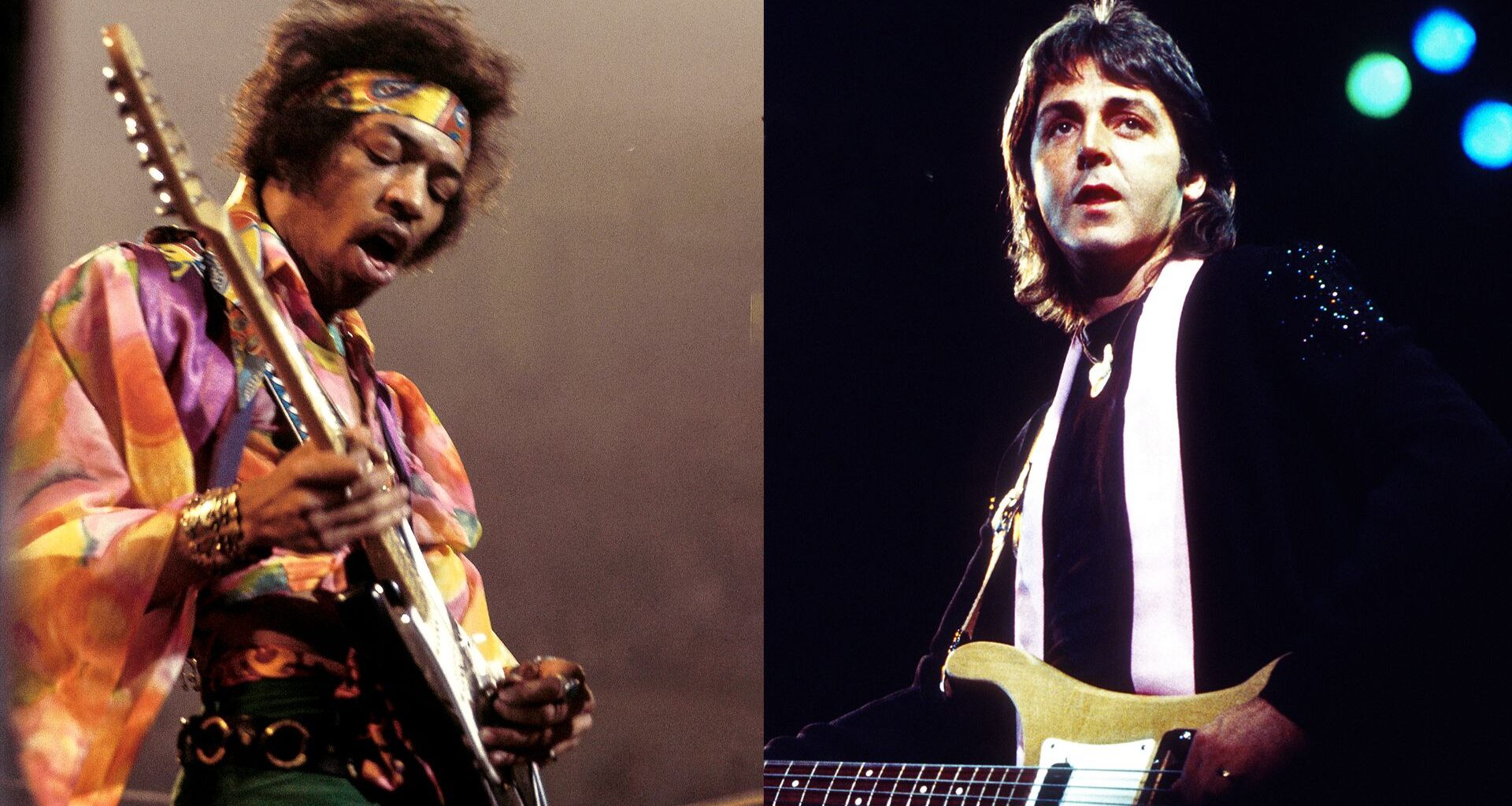LEFT: Jimi Hendrix (1942-1970) performs live on stage playing a black Fender Stratocaster guitar with The Jimi Hendrix Experience at the Royal Albert Hall in London on 24th February 1969. RIGHT: Paul McCartney, fronts his next band "Wings" in May 1976 in Los Angeles, California.