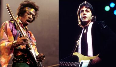LEFT: Jimi Hendrix (1942-1970) performs live on stage playing a black Fender Stratocaster guitar with The Jimi Hendrix Experience at the Royal Albert Hall in London on 24th February 1969. RIGHT: Paul McCartney, fronts his next band "Wings" in May 1976 in Los Angeles, California.