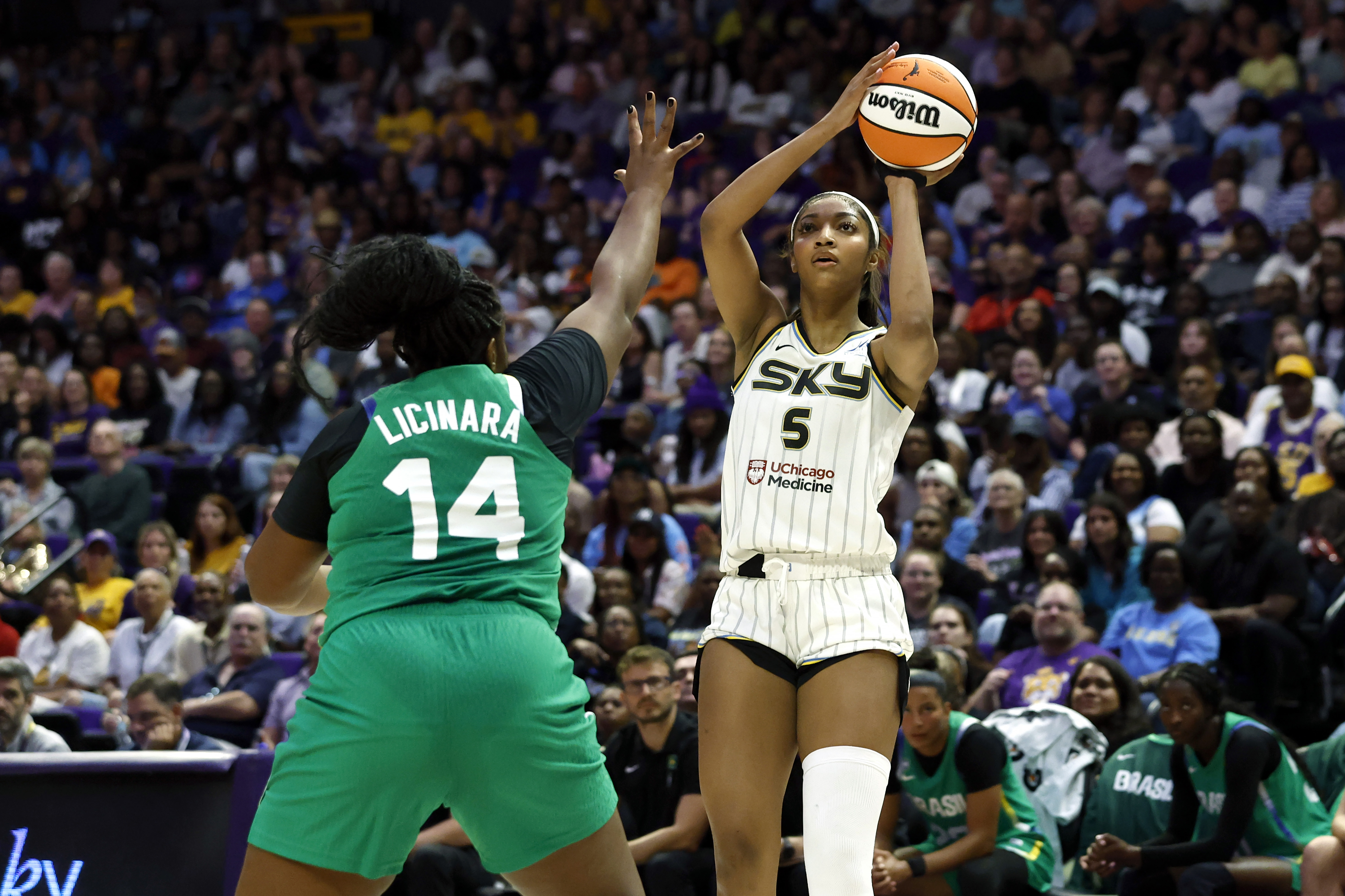 Sky's Angel Reese puts up a shot against Brazil's Licinara...