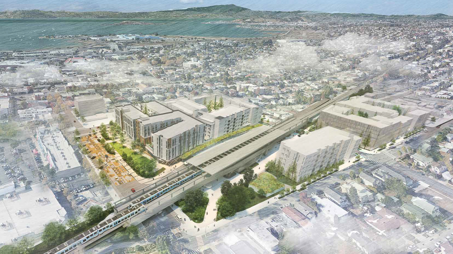 El Cerrito Plaza aerial view, preliminary rendering of design by Pyatok and Van Meter Williams Pollack