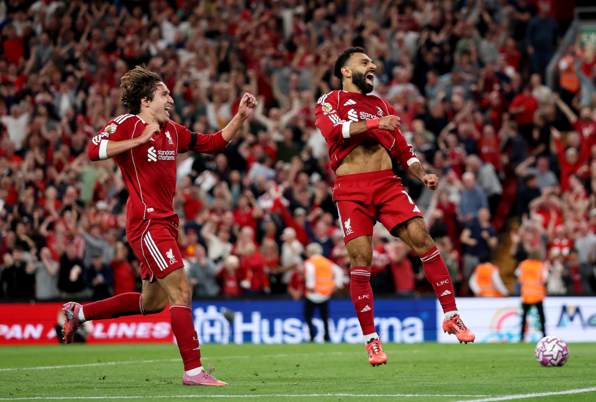 LIVERPOOL, ENGLAND - AUGUST 15: Mohamed Salah of Liverpool celebrates scoring his team's fourth goal during the Premier League match between Liverpool and Bournemouth at Anfield on August 15, 2025 in Liverpool, England. (Photo by Michael Steele/Getty Images)