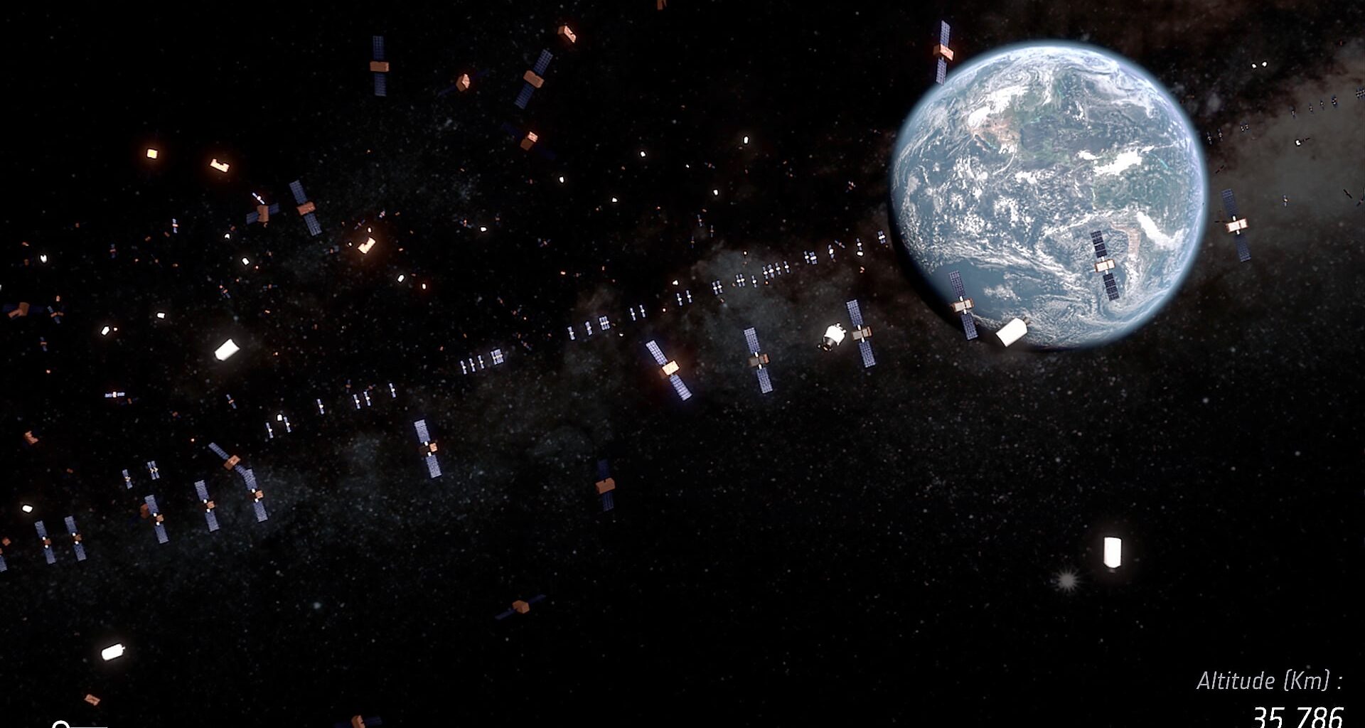 Artist's impression of debris and defunct launcher stages in the Geostationary ring. Credit: ESA/ID&amp;Sense/ONiRiXE