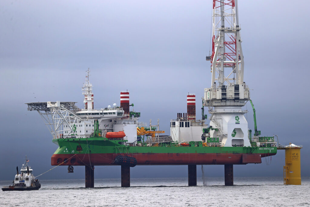 A view an offshore wind turbine installation jack-up vessel called the Sea Installer on Aug. 17, 2023 in New Bedford, Mass. Credit: David L. Ryan/The Boston Globe via Getty Images