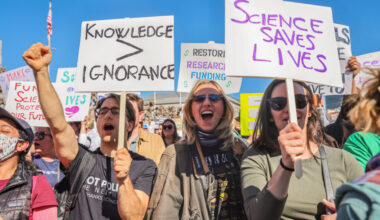 Demonstrators attend a Stand Up for Science rally to highlight the critical role of science in public health, environmental stewardship and education at the Civic Center Plaza in San Francisco on March 7. Credit: Gabrielle Lurie/San Francisco Chronicle via Getty Images