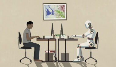 Man and humanoid robot working face to face at computers