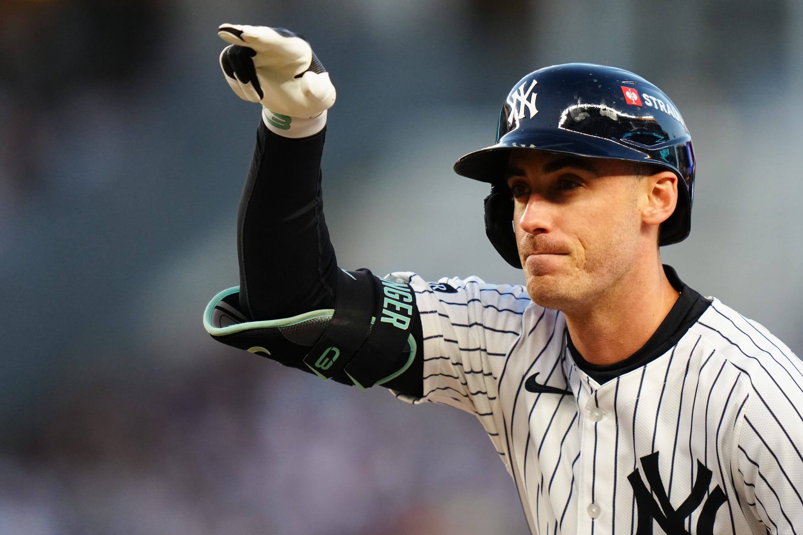 Cody Bellinger celebrates a hit with the New York Yankees.