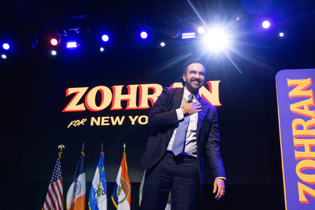 Mayor-elect Zohran Mamdani speaks during his election night watch party at the Brooklyn Paramount Theater on Tuesday in New York City. Credit: Andrew Lichtenstein/Corbis via Getty Images