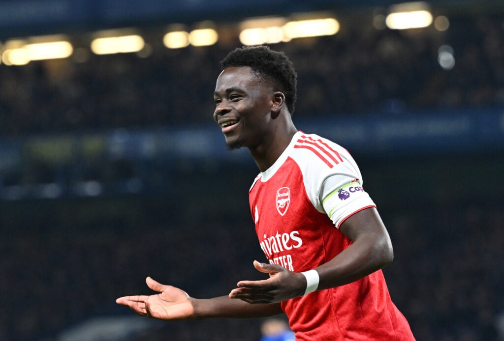 Bukayo Saka of Arsenal reacts during the Premier League match between Chelsea and Arsenal at Stamford Bridge