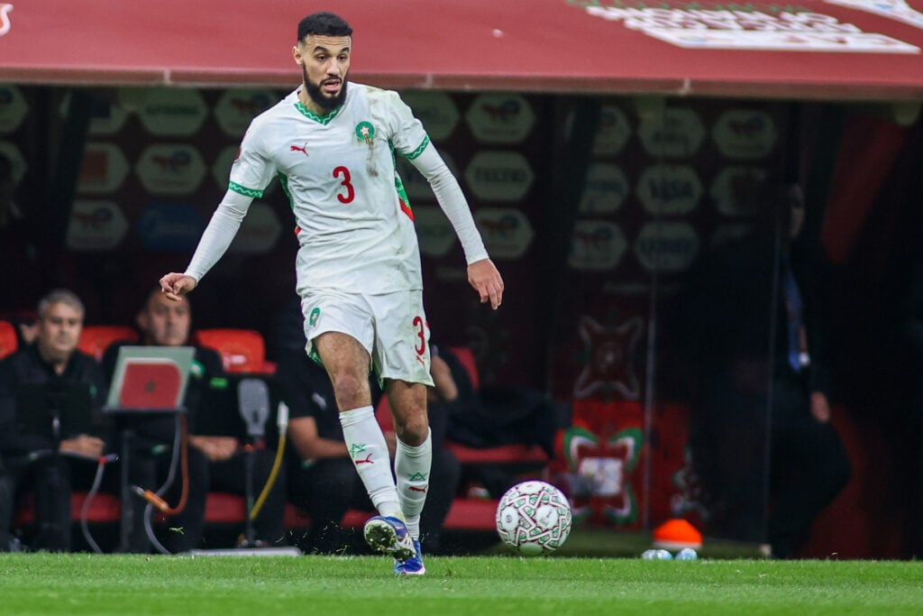 Morocco's Noussair Mazraoui passes the ball during the Africa Cup Of Nations Group A match between Zambia and Morocco at Prince Moulay Abdellah Stadium on December 29, 2025