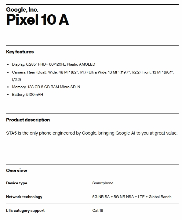 Google Pixel 10a Verizon certification leaked specs
