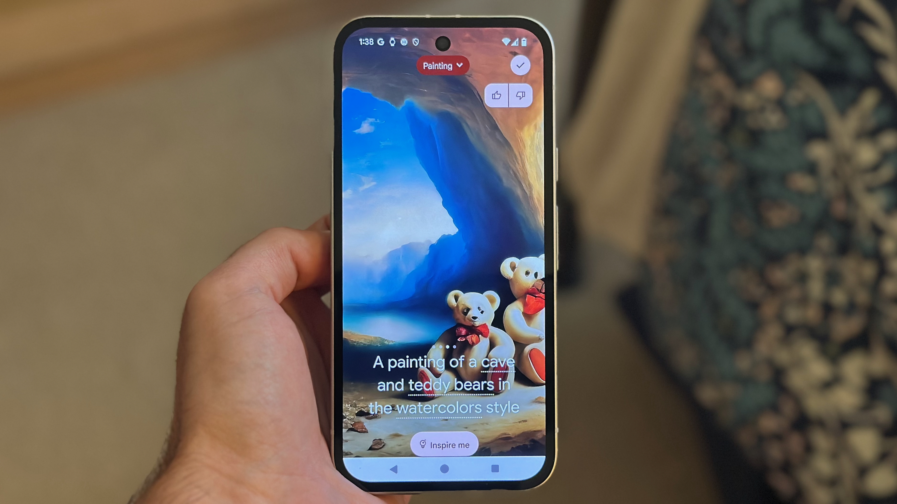 An AI-generated wallpaper on the Google Pixel 9a held in hand
