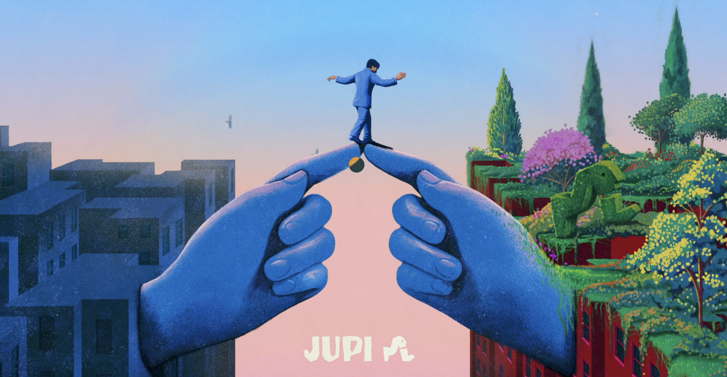 A surreal digital illustration shows a man in a blue suit balancing on a thin line held by two giant blue hands bridging a grey cityscape and a vibrant, lush garden.