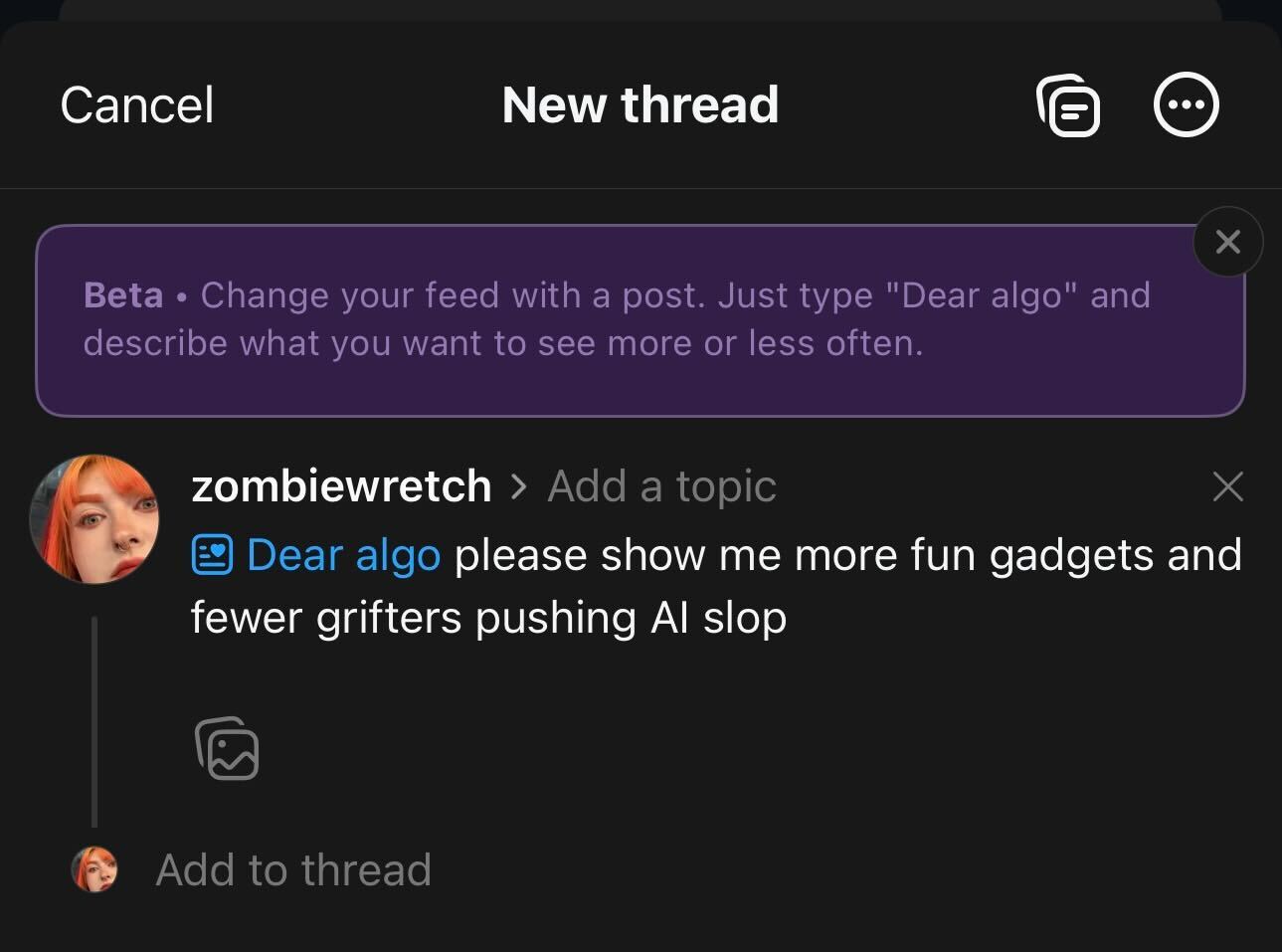 A screenshot of the “Dear algo” feature on Threads.