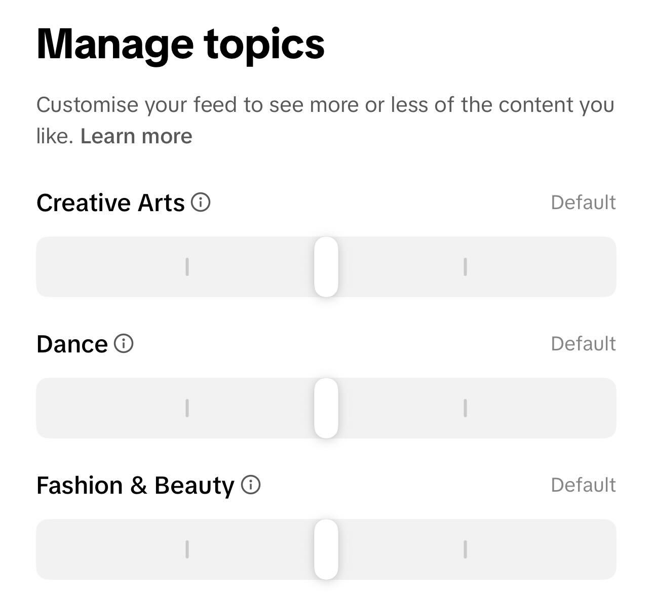 A screenshot of the “Manage topics” menu on TikTok.