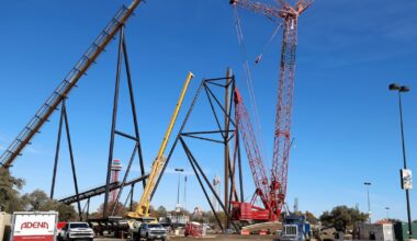 Construction for Six Flags’ record-breaking coaster Tormenta Rampaging Run tops out