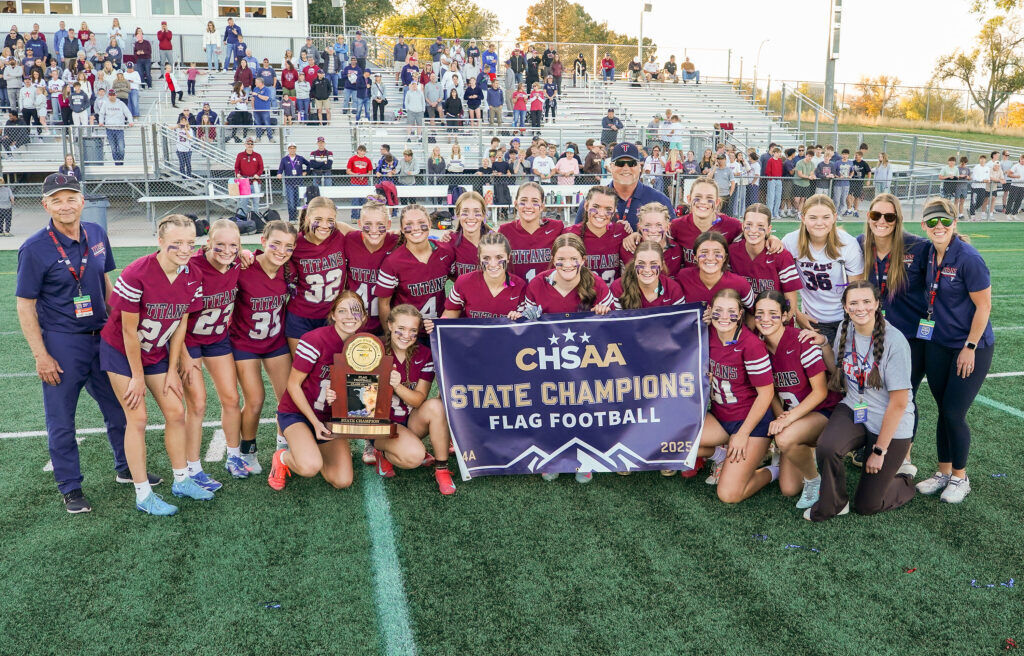 The Classical Academy Titans celebrate winning the 4A Flag Football State Championship on Saturday, October 25, 2025 at Trailblazer Stadium in Lakewood, Colorado. Joshua Genz, Special to the Gazette