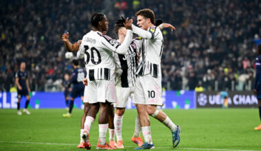 Jonathan David and Kenan Yildiz celebrate after Juventus score against Pafos in the Champions League (@juventusfc)