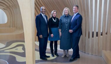 From left, Boston Children's Hospital president and CEO Dr. Kevin Churchwell, Dr. Stacy Drury, psychiatrist in chief, Karen Hale and Rob Hale posed in the Friendship Garden at the hospital. The $100 million gift from the Hales is the largest donation the couple has made to a single entity.