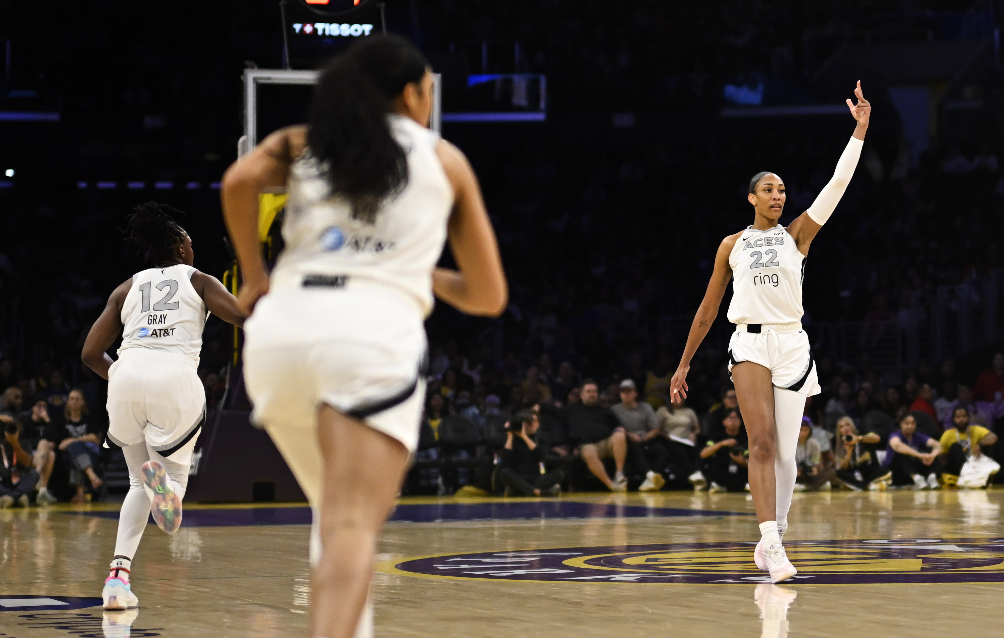 Las Vegas Aces center A’ja Wilson (22) gestures after a...