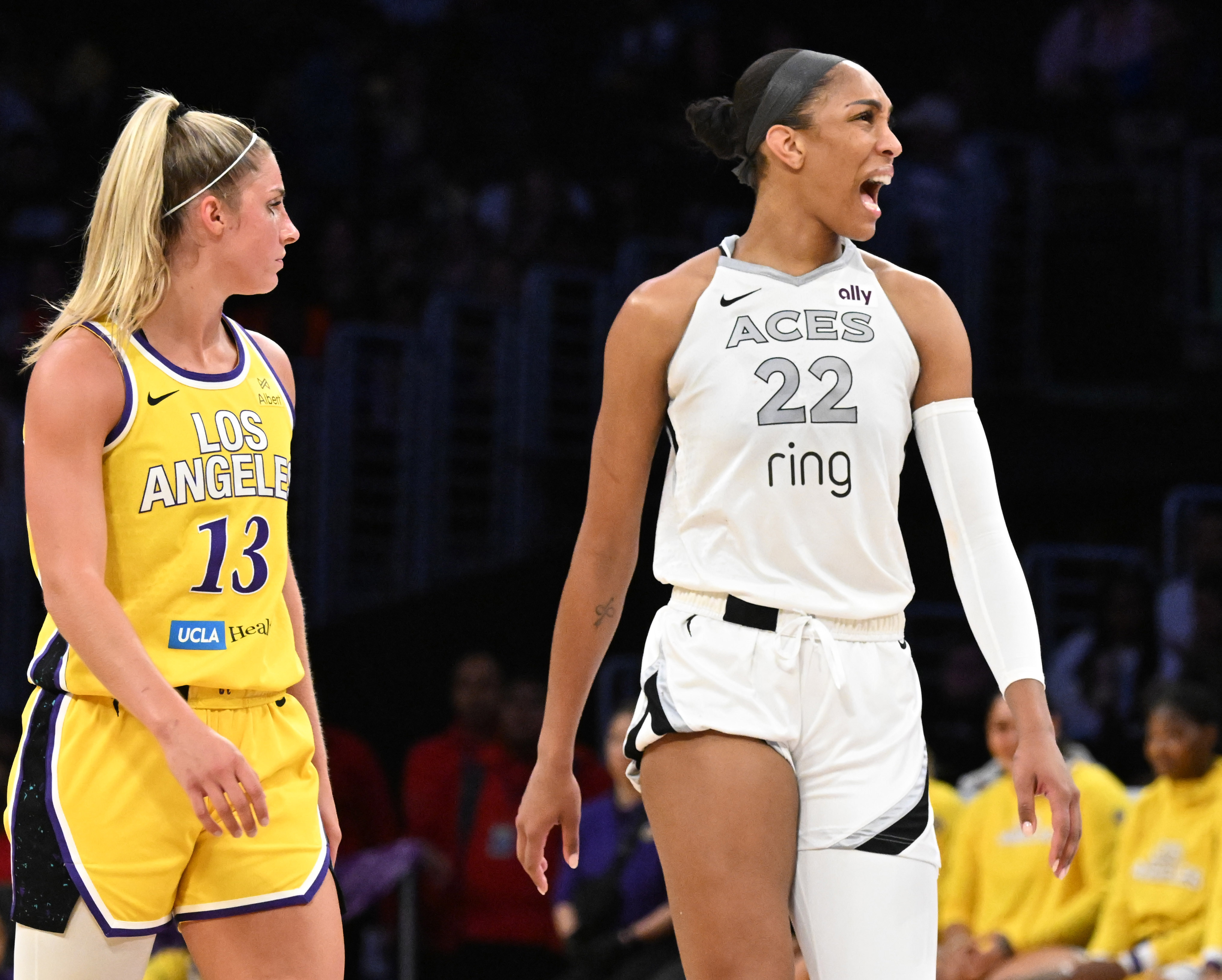 Las Vegas Aces center A’ja Wilson reacts after scoring as...