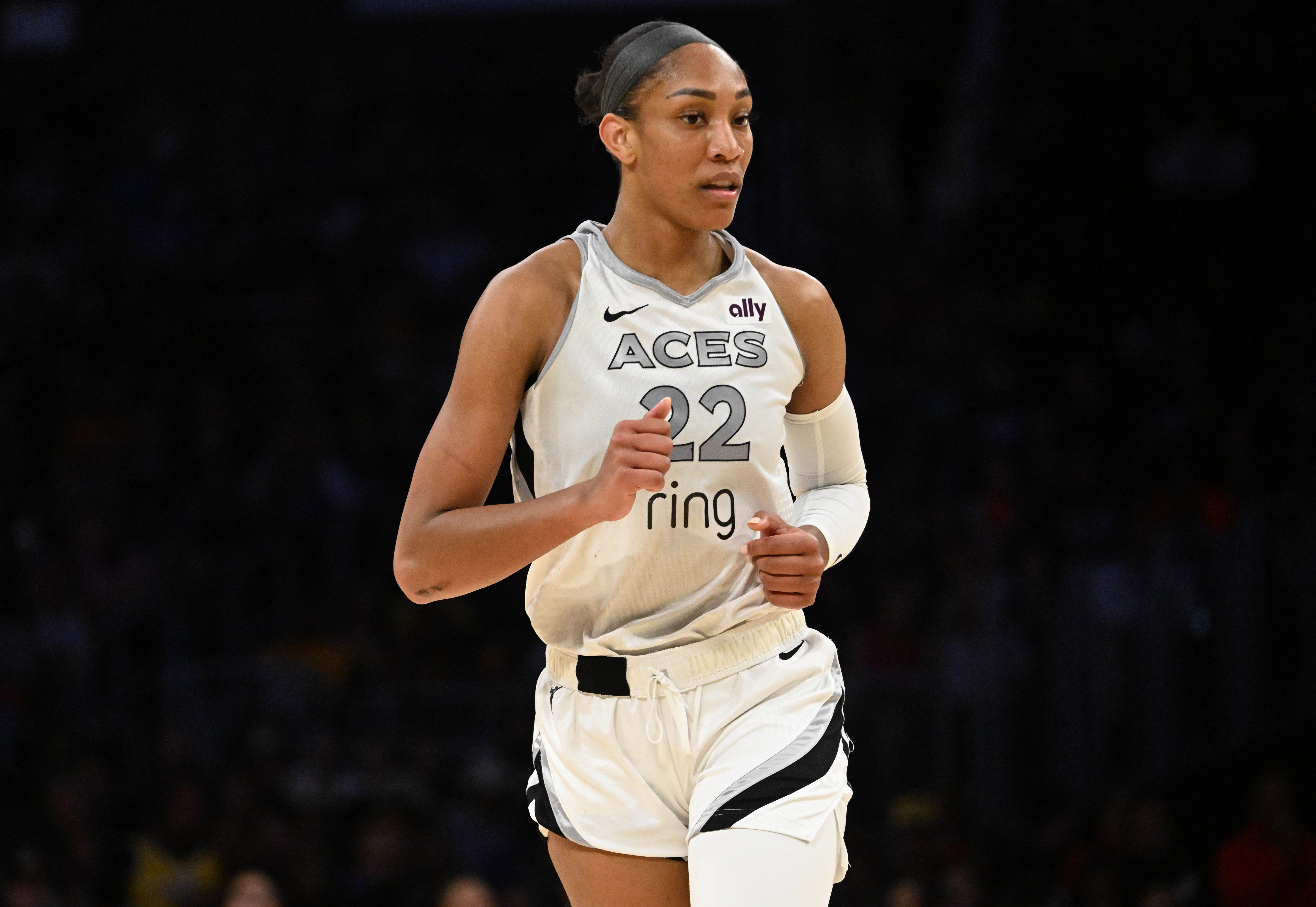 Las Vegas Aces center A’ja Wilson runs up the court...