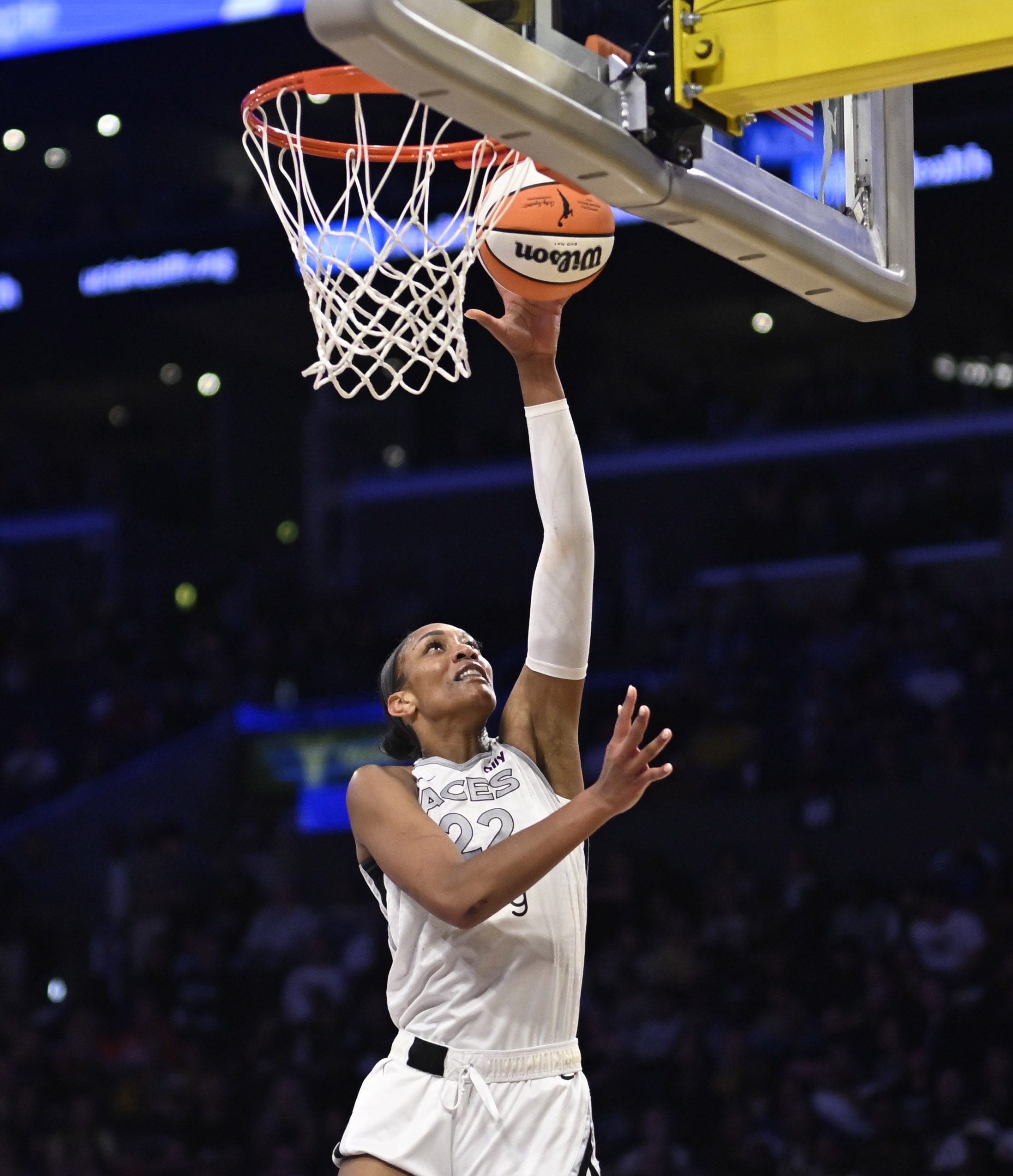 Las Vegas Aces center A’ja Wilson gets to the basket...