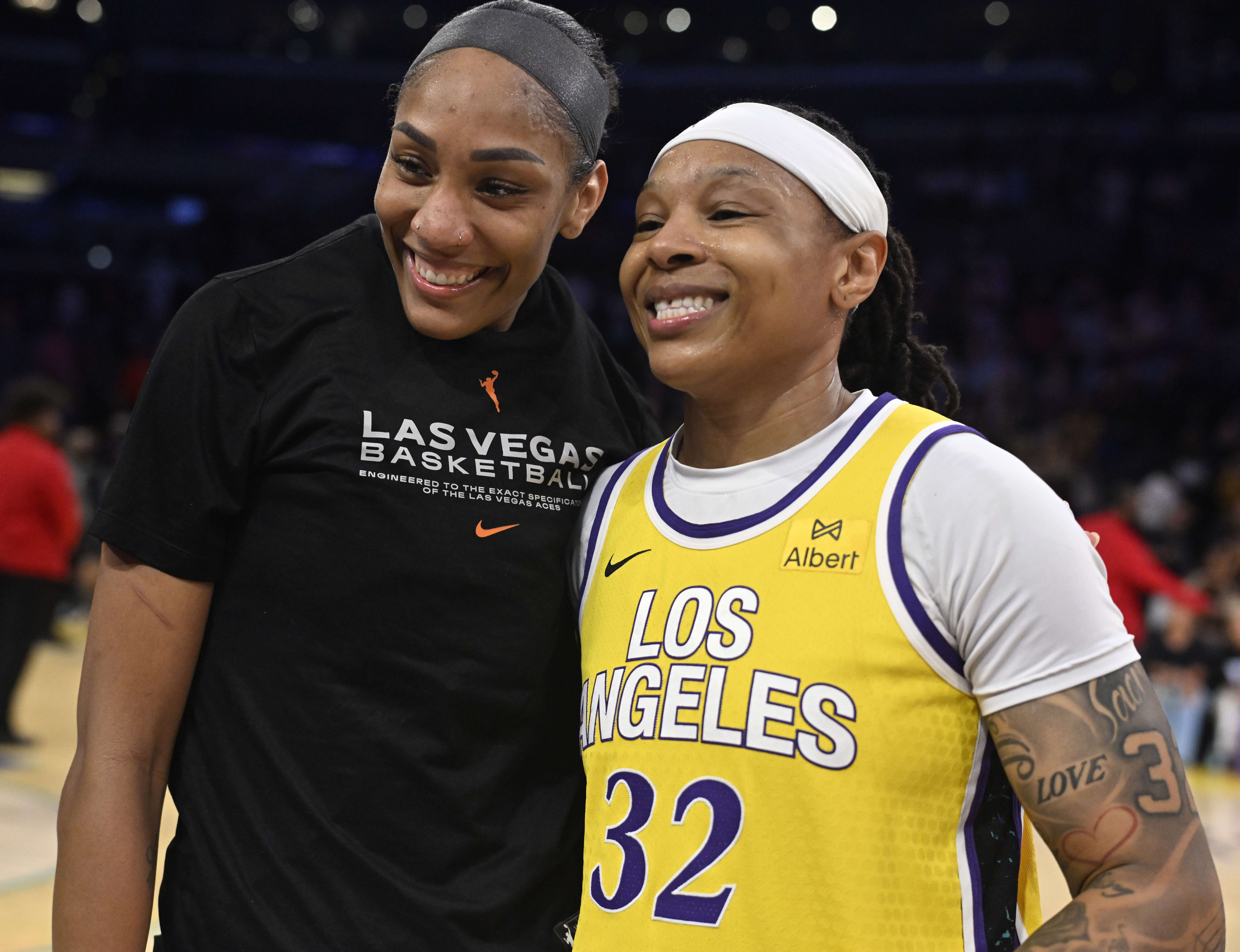 Las Vegas Aces center A’ja Wilson, left, poses for a...