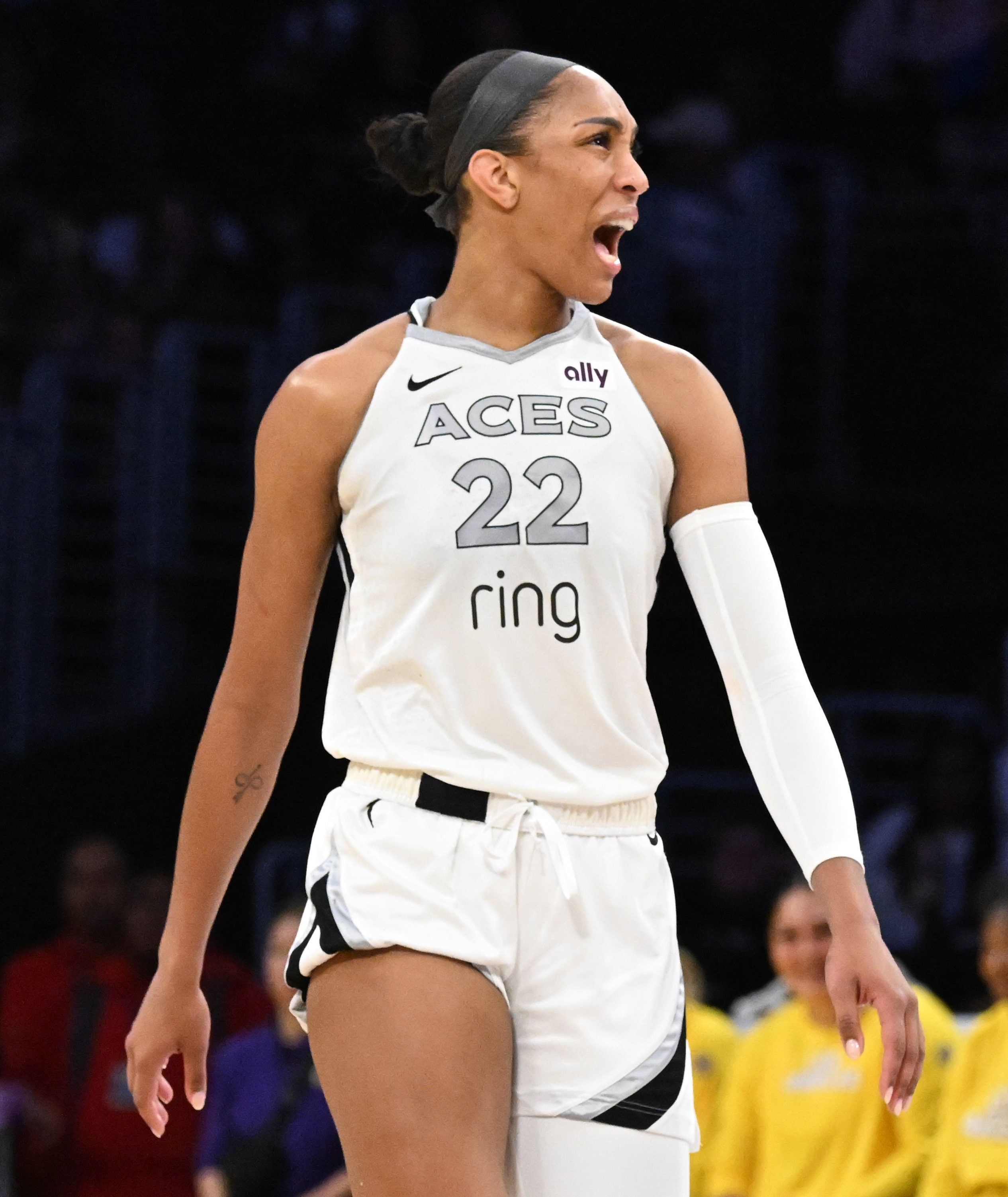 Las Vegas Aces center A’ja Wilson reacts after a 3-point...